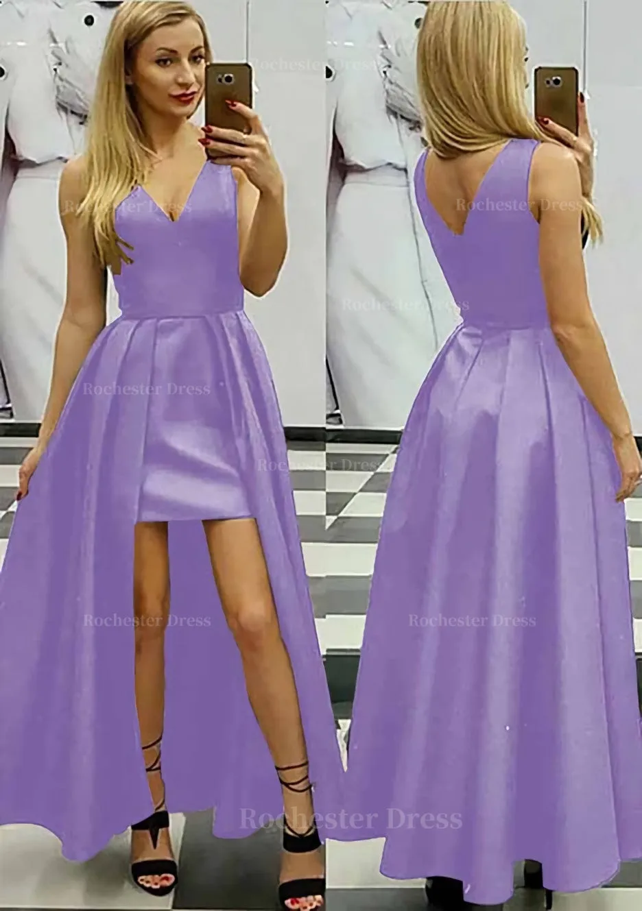 A-line/Princess V Neck Sleeveless Asymmetrical Satin Prom Dress With Pleated