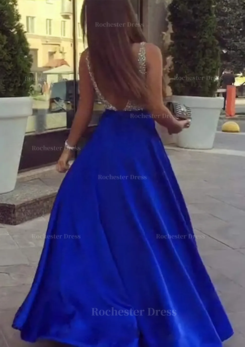 A-line/Princess V Neck Sleeveless Long/Floor-Length Satin Prom Dresses With Sequins