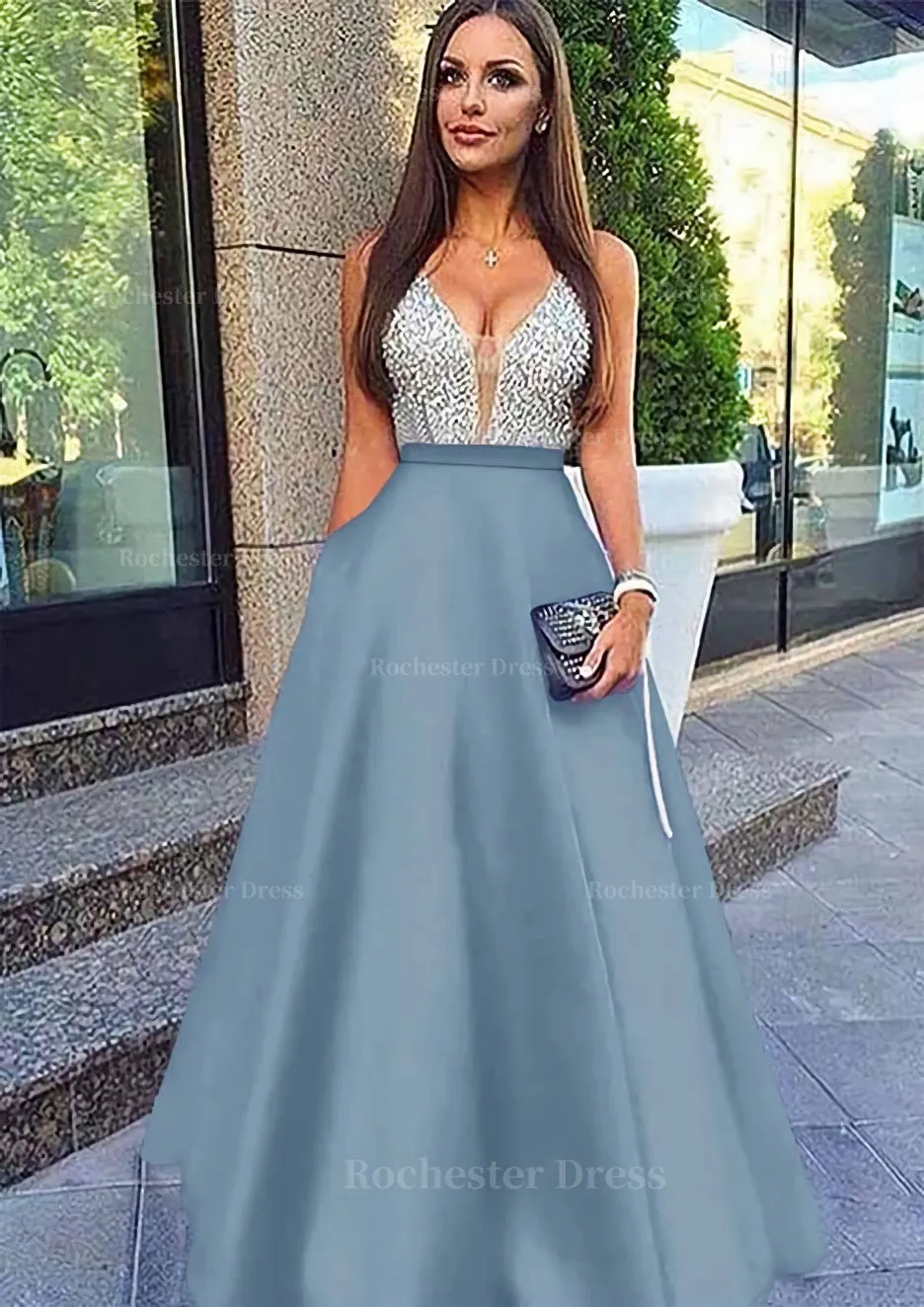 A-line/Princess V Neck Sleeveless Long/Floor-Length Satin Prom Dresses With Sequins