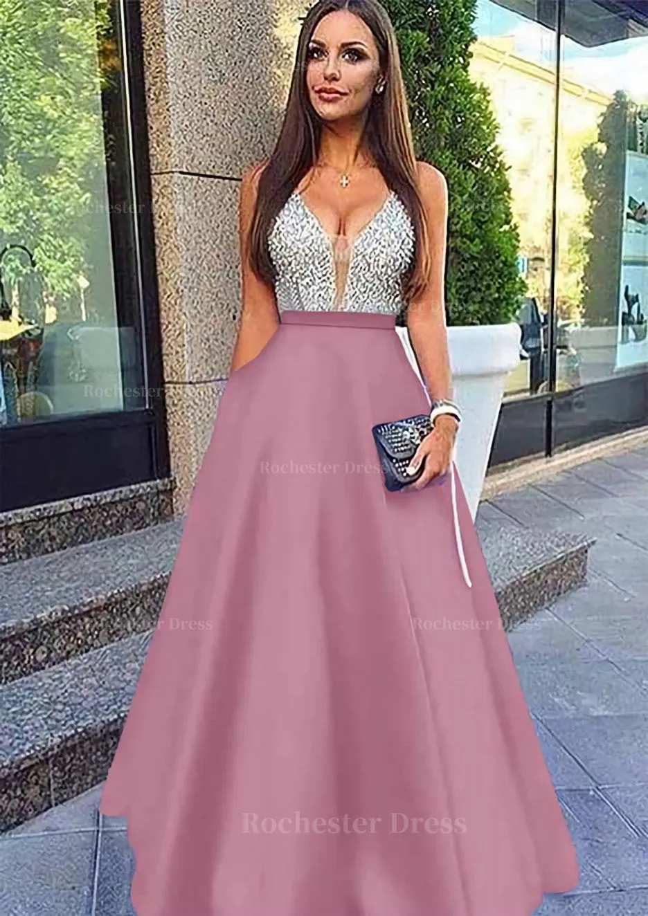 A-line/Princess V Neck Sleeveless Long/Floor-Length Satin Prom Dresses With Sequins