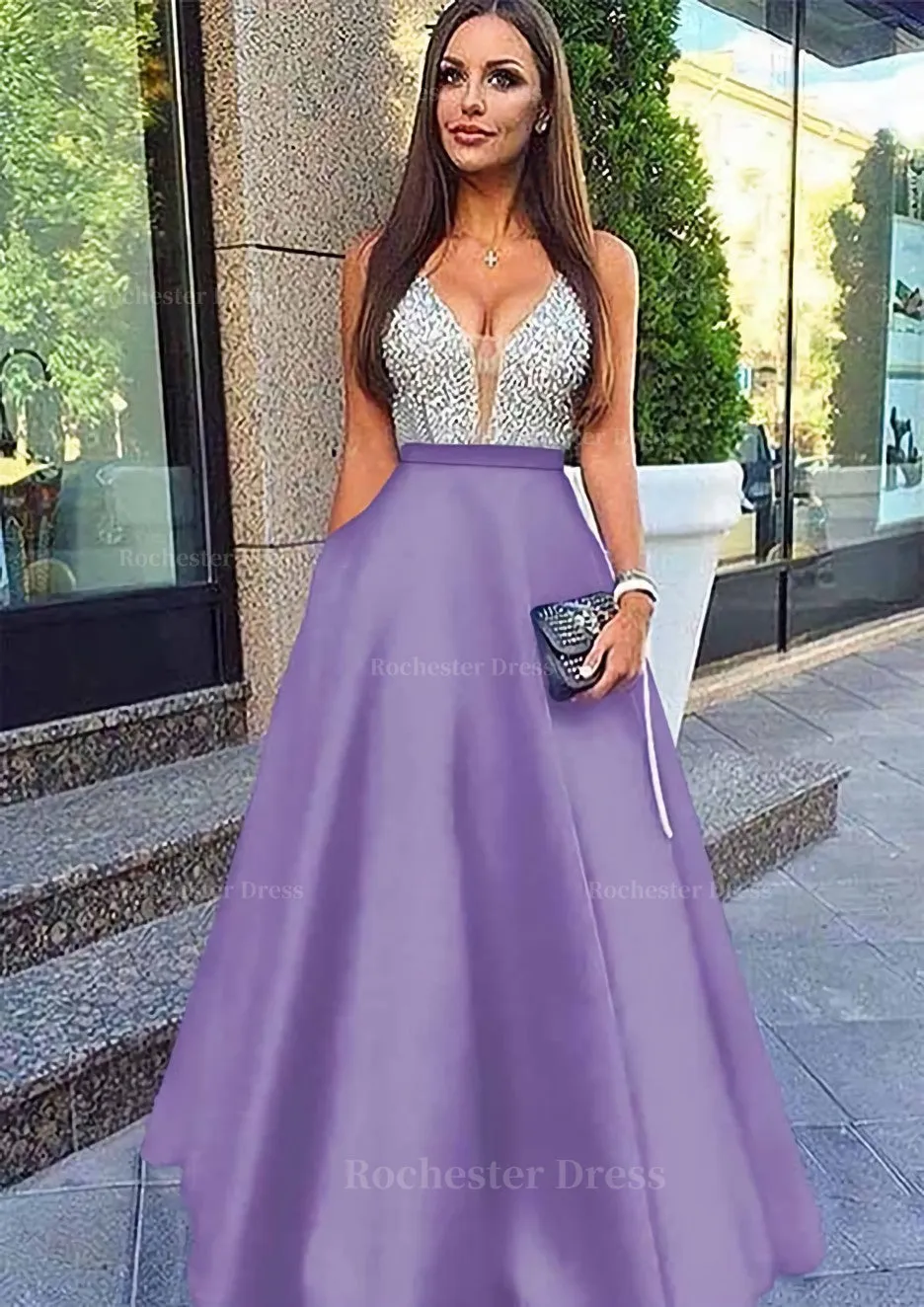 A-line/Princess V Neck Sleeveless Long/Floor-Length Satin Prom Dresses With Sequins