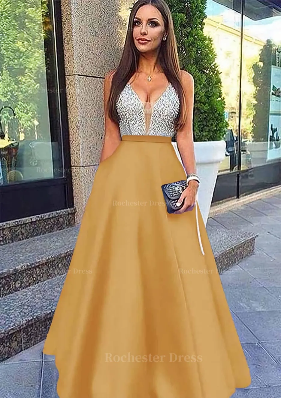 A-line/Princess V Neck Sleeveless Long/Floor-Length Satin Prom Dresses With Sequins