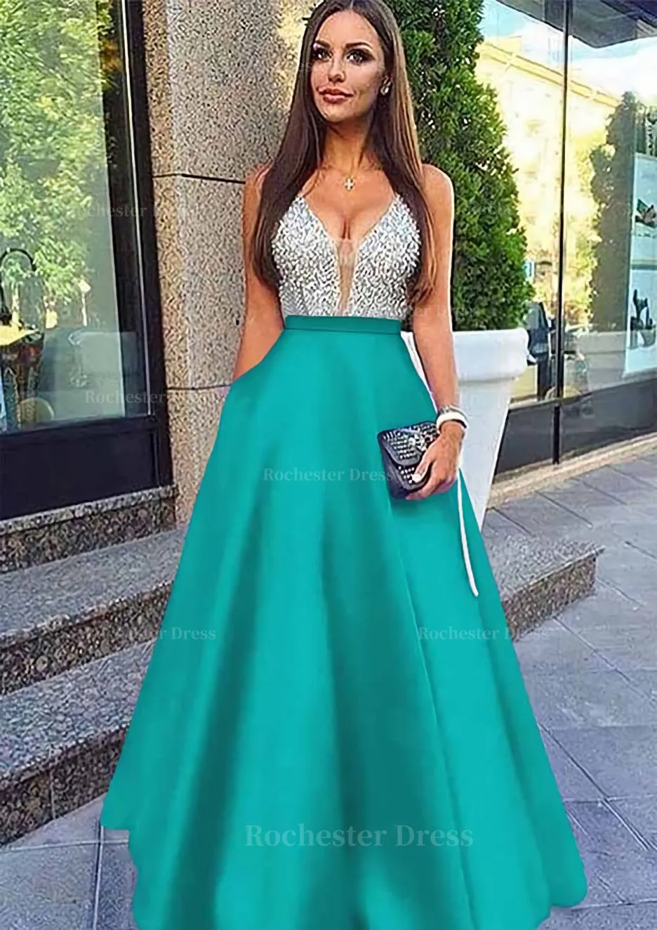 A-line/Princess V Neck Sleeveless Long/Floor-Length Satin Prom Dresses With Sequins