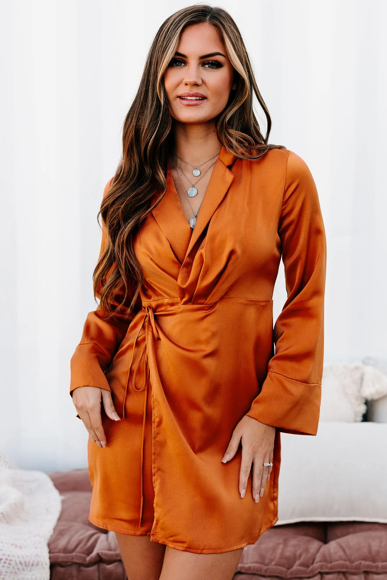 Adding Incentives Long Sleeve Satin Wrap Dress (Pumpkin)