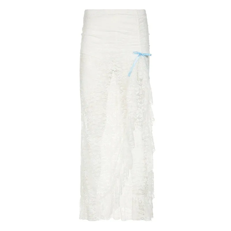 Asymmetrical Fashion White Lace Skirt Women Bow Ruffles See Through Split Korean Style Party Long Skirt Sexy Bottoms