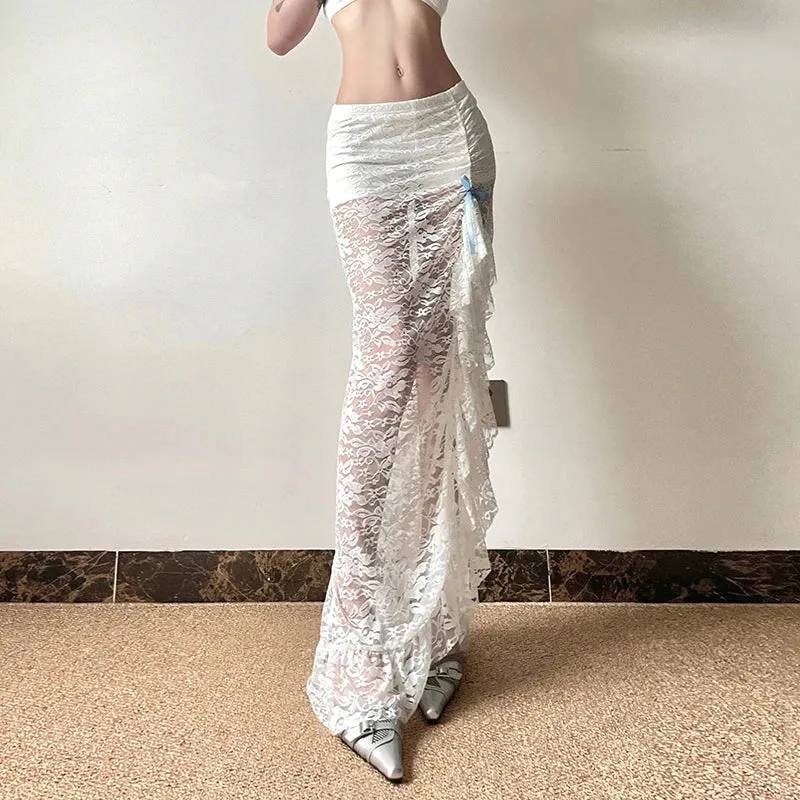 Asymmetrical Fashion White Lace Skirt Women Bow Ruffles See Through Split Korean Style Party Long Skirt Sexy Bottoms