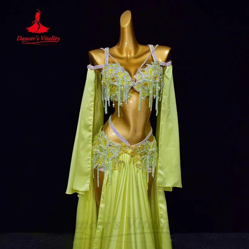 Belly Dance Suit Customized Exquisite Pearl Bra Sexy Split Split Long Skirt 2pcs Oriental Dance Professional Performance Costume