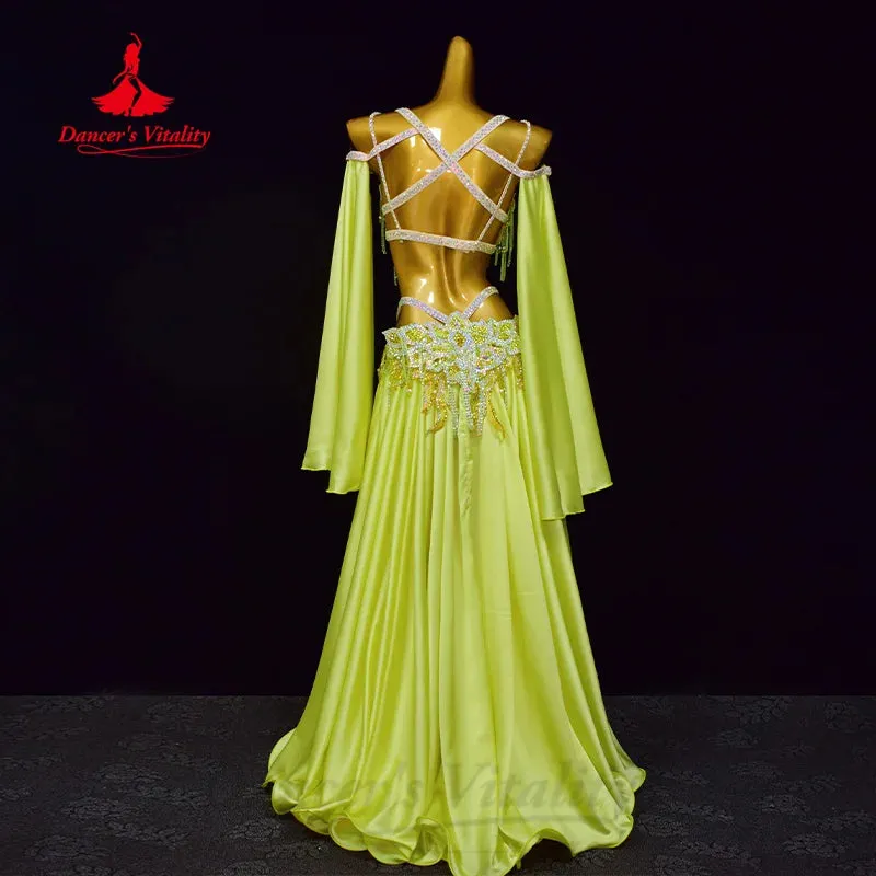 Belly Dance Suit Customized Exquisite Pearl Bra Sexy Split Split Long Skirt 2pcs Oriental Dance Professional Performance Costume