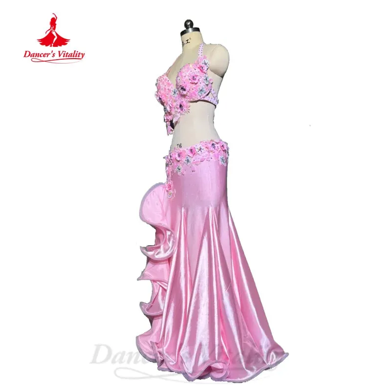 Belly Dancing Outfit Women Customized Exquisite Flowers Bra Sexy Satin Split Long Skirt 2pcs Oriental Dance Performance Clothing