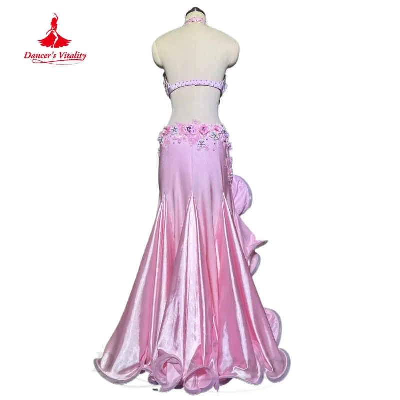 Belly Dancing Outfit Women Customized Exquisite Flowers Bra Sexy Satin Split Long Skirt 2pcs Oriental Dance Performance Clothing