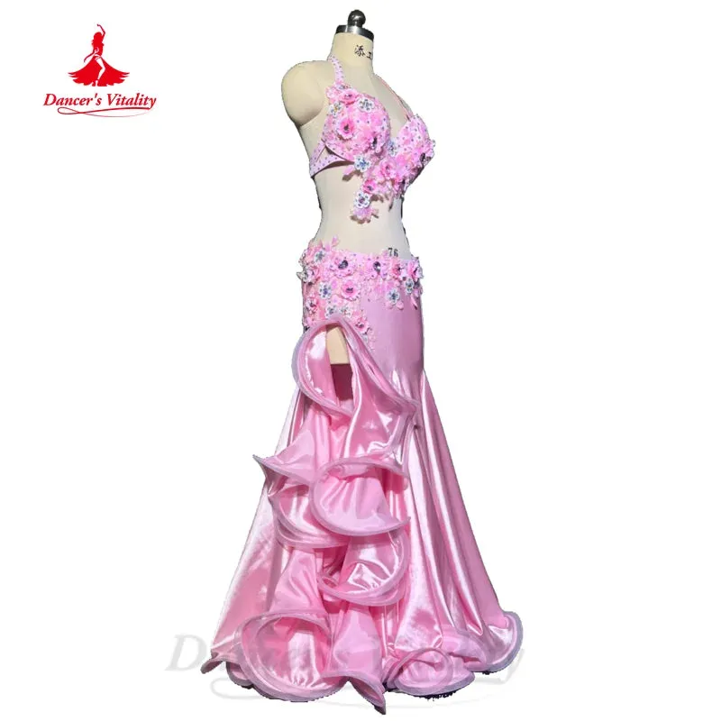 Belly Dancing Outfit Women Customized Exquisite Flowers Bra Sexy Satin Split Long Skirt 2pcs Oriental Dance Performance Clothing