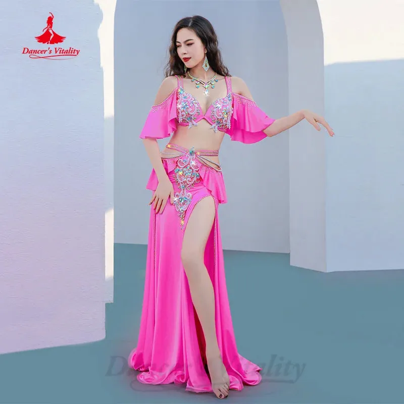 BellyDance Costume Set Customized Exquisite Pearl Bra rhinestone Split Long Skirt 2pcs Women Oriental Dance Performance Costumes