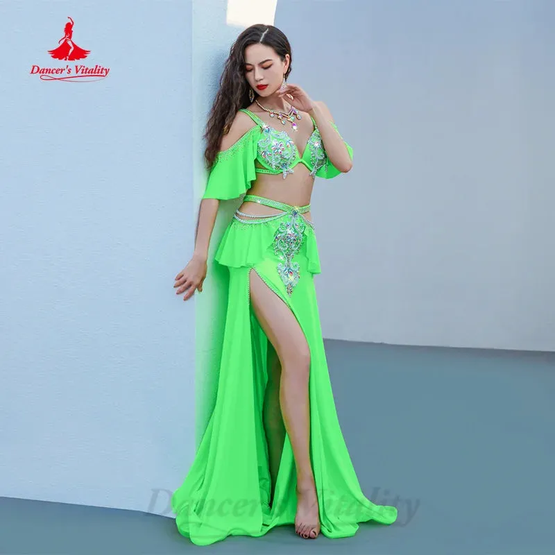 BellyDance Costume Set Customized Exquisite Pearl Bra rhinestone Split Long Skirt 2pcs Women Oriental Dance Performance Costumes