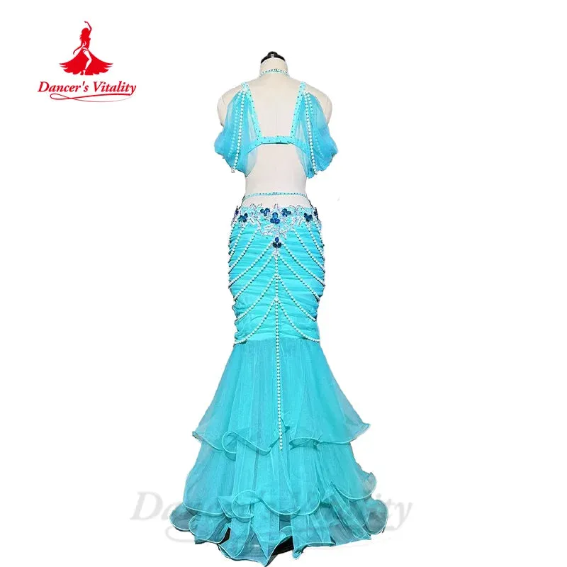 BellyDance Set Women's Customized Luxury Rhinestone Bra Exquisite Pearl Fishtail Skirt 2pcs Oriental Dance Performance Clothing