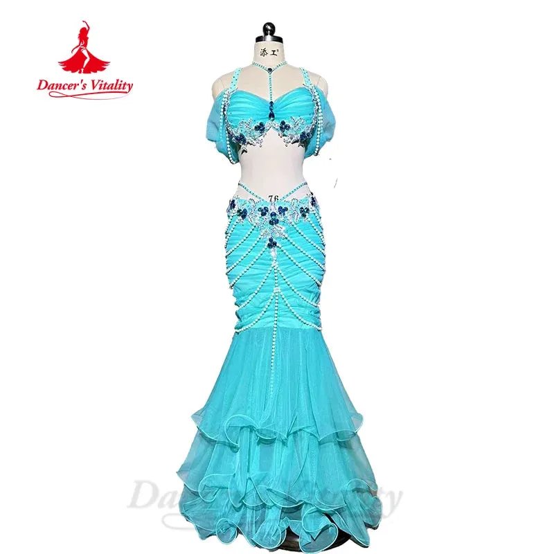 BellyDance Set Women's Customized Luxury Rhinestone Bra Exquisite Pearl Fishtail Skirt 2pcs Oriental Dance Performance Clothing