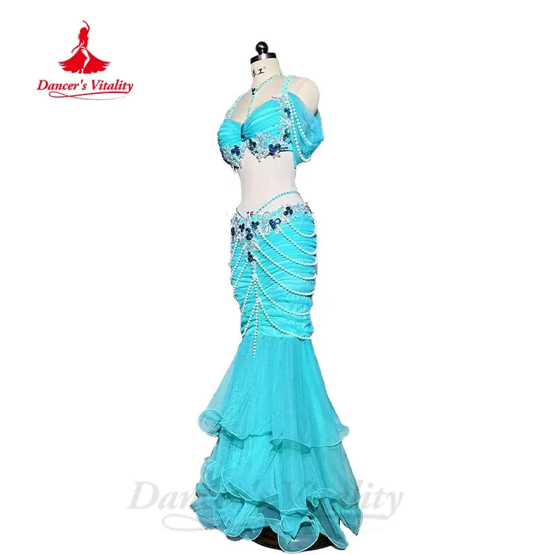 BellyDance Set Women's Customized Luxury Rhinestone Bra Exquisite Pearl Fishtail Skirt 2pcs Oriental Dance Performance Clothing