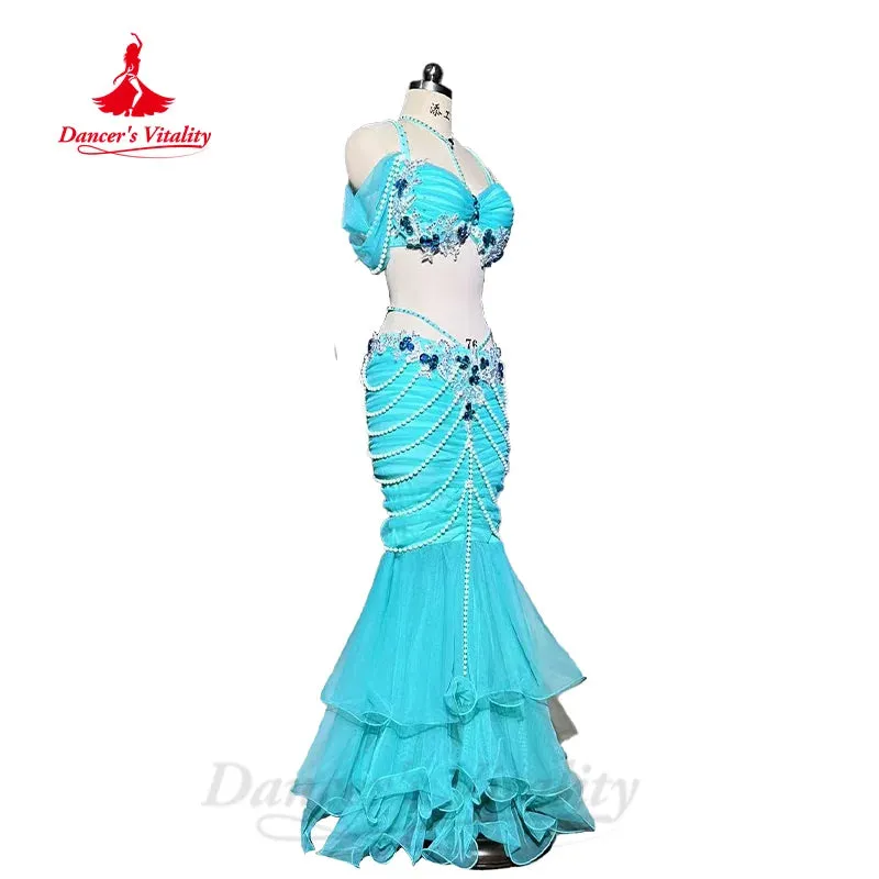 BellyDance Set Women's Customized Luxury Rhinestone Bra Exquisite Pearl Fishtail Skirt 2pcs Oriental Dance Performance Clothing