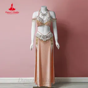 Bellydance Suit Women Customized Exquisite Pearls Bra  Luxury Rhinestones Long Skirt 2pcs Oriental Dance Performance Clothing