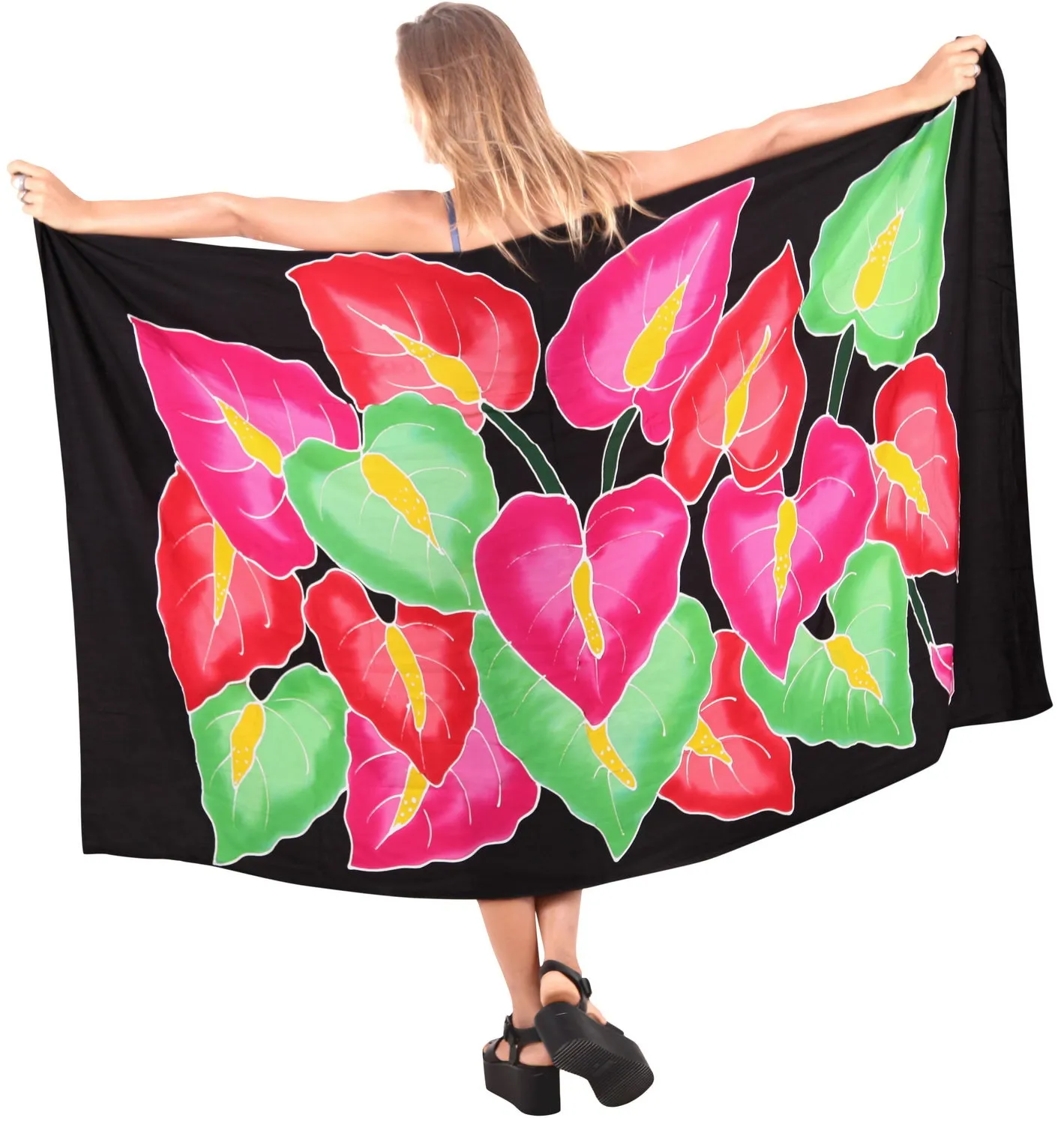 Black Non-Sheer Hand Painted Multicolor Leaves Beach Wrap For Women