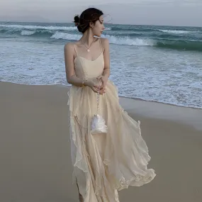 Blogger chiffon beach bridal festive dress sling straps backless layered agaric edge long skater skirt