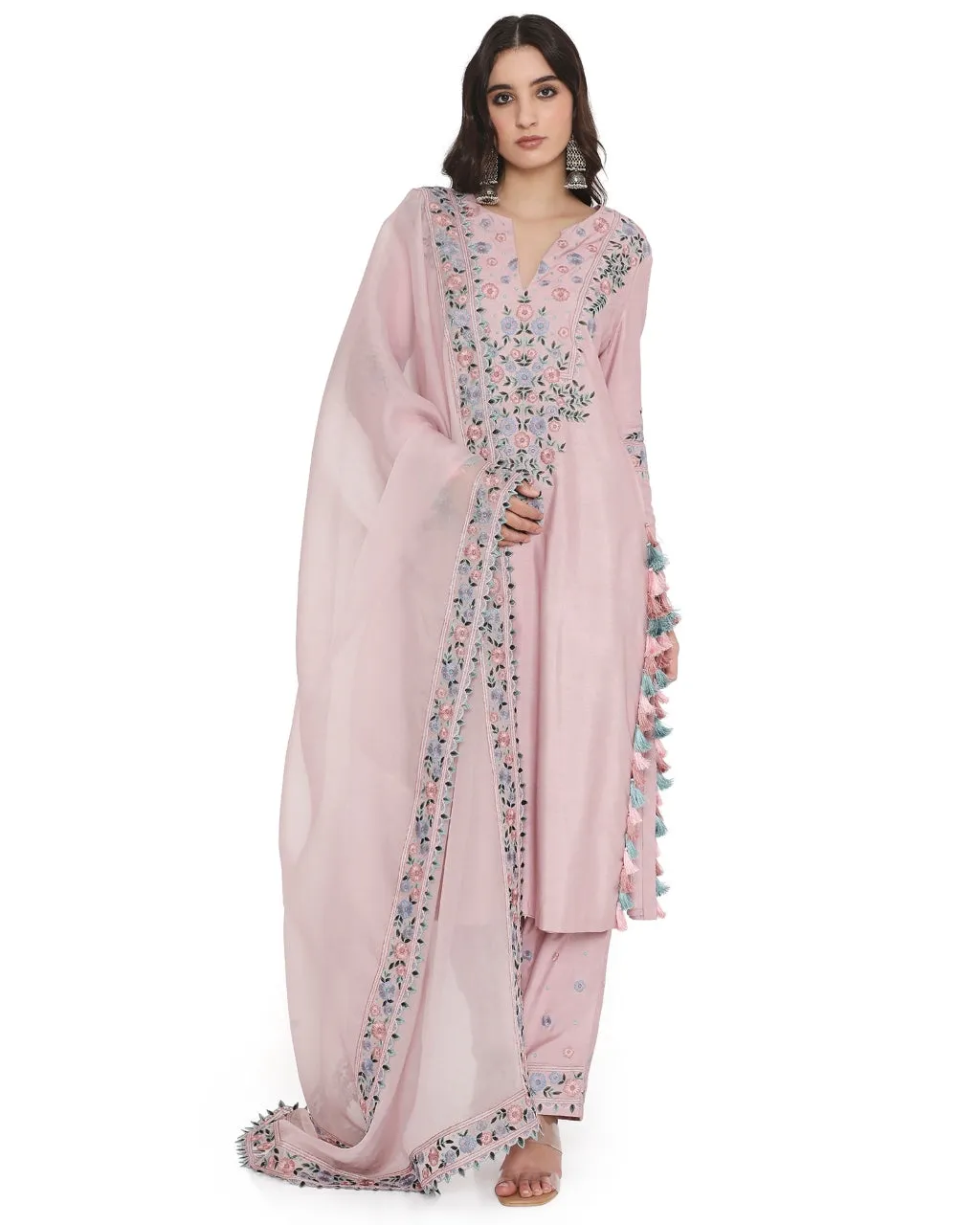 Blush Pink Embroidered Kurta With Pant And Embroidered Dupatta