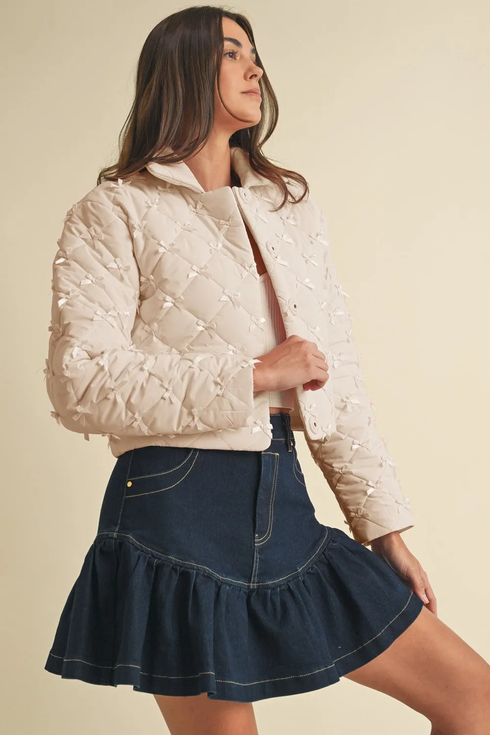 Bow Puffer Jacket in Cream