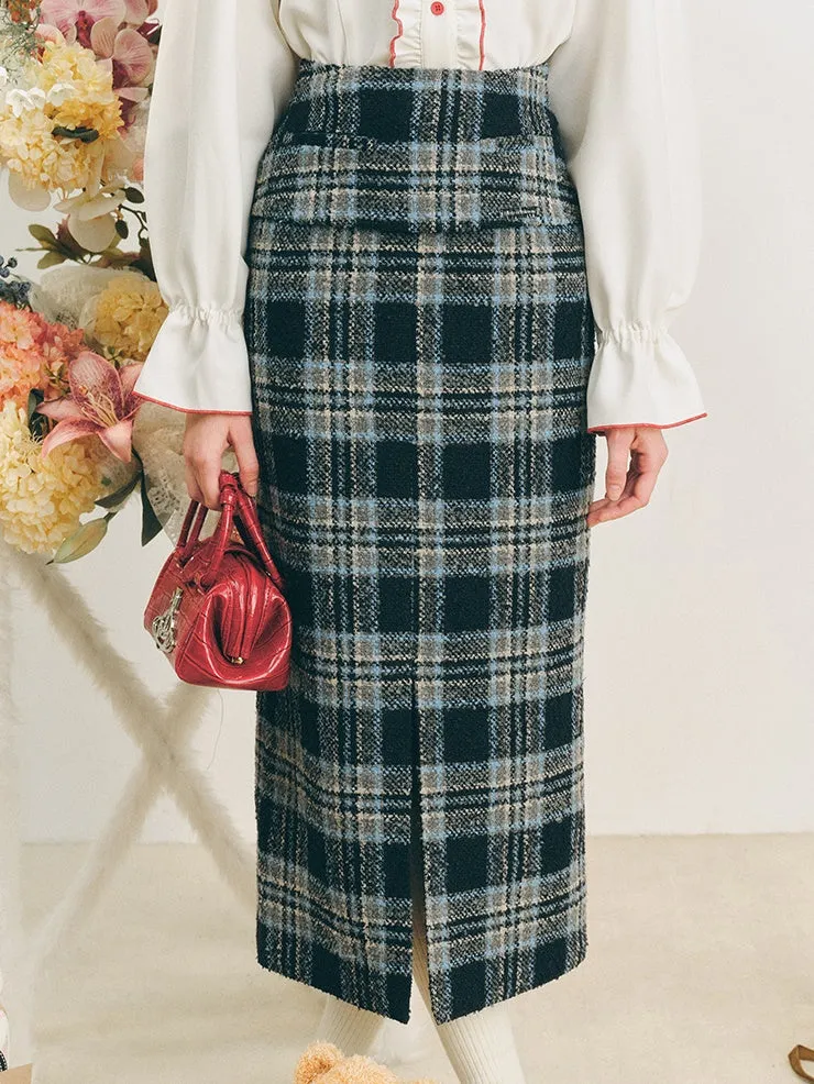 Checked I-Line Slit Mid-Length Skirt & Ribbon