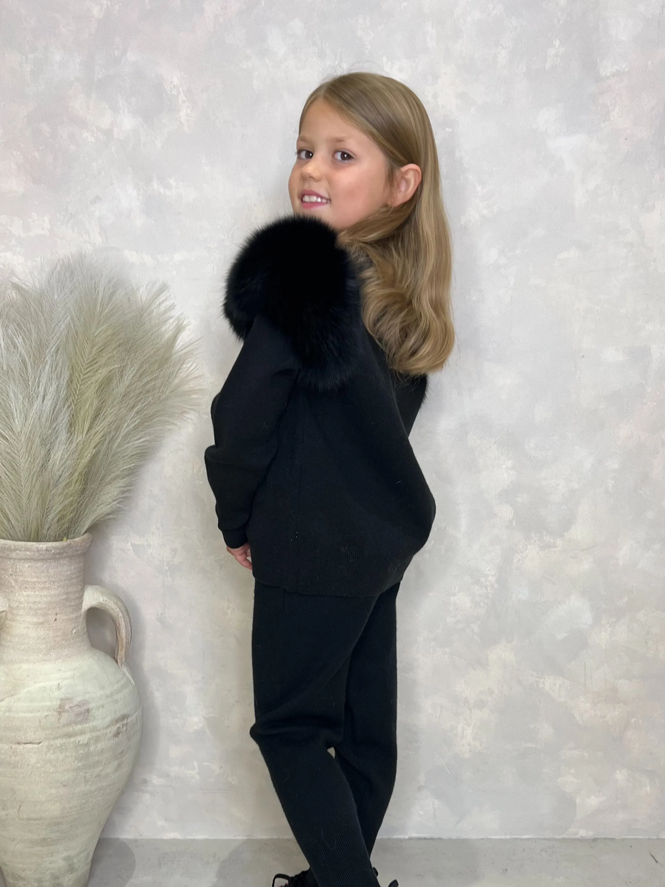 Childrens Black Luxury Fur Roll Neck Jogger Tracksuit