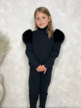 Childrens Black Luxury Fur Roll Neck Jogger Tracksuit