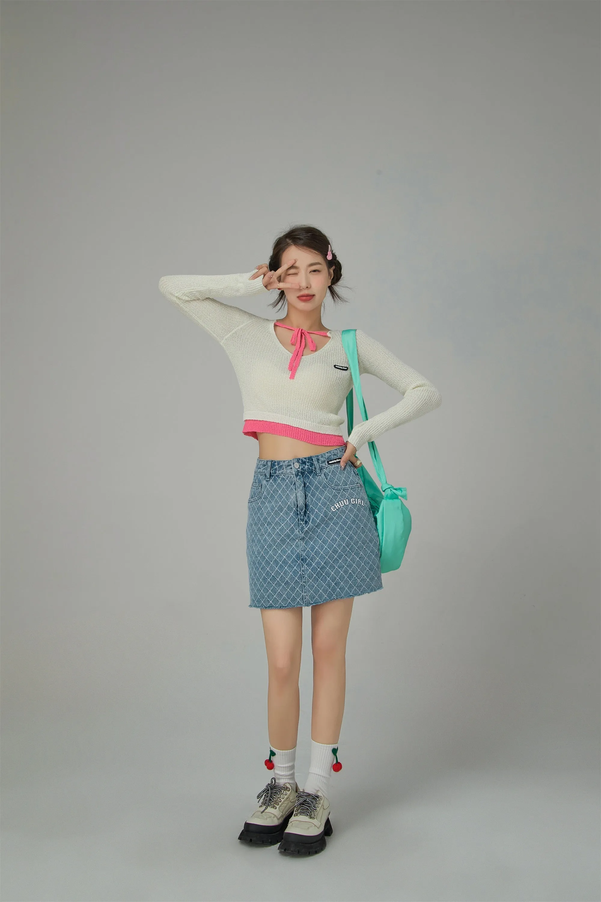 Chuu Girl Diamond Check Denim Skirt