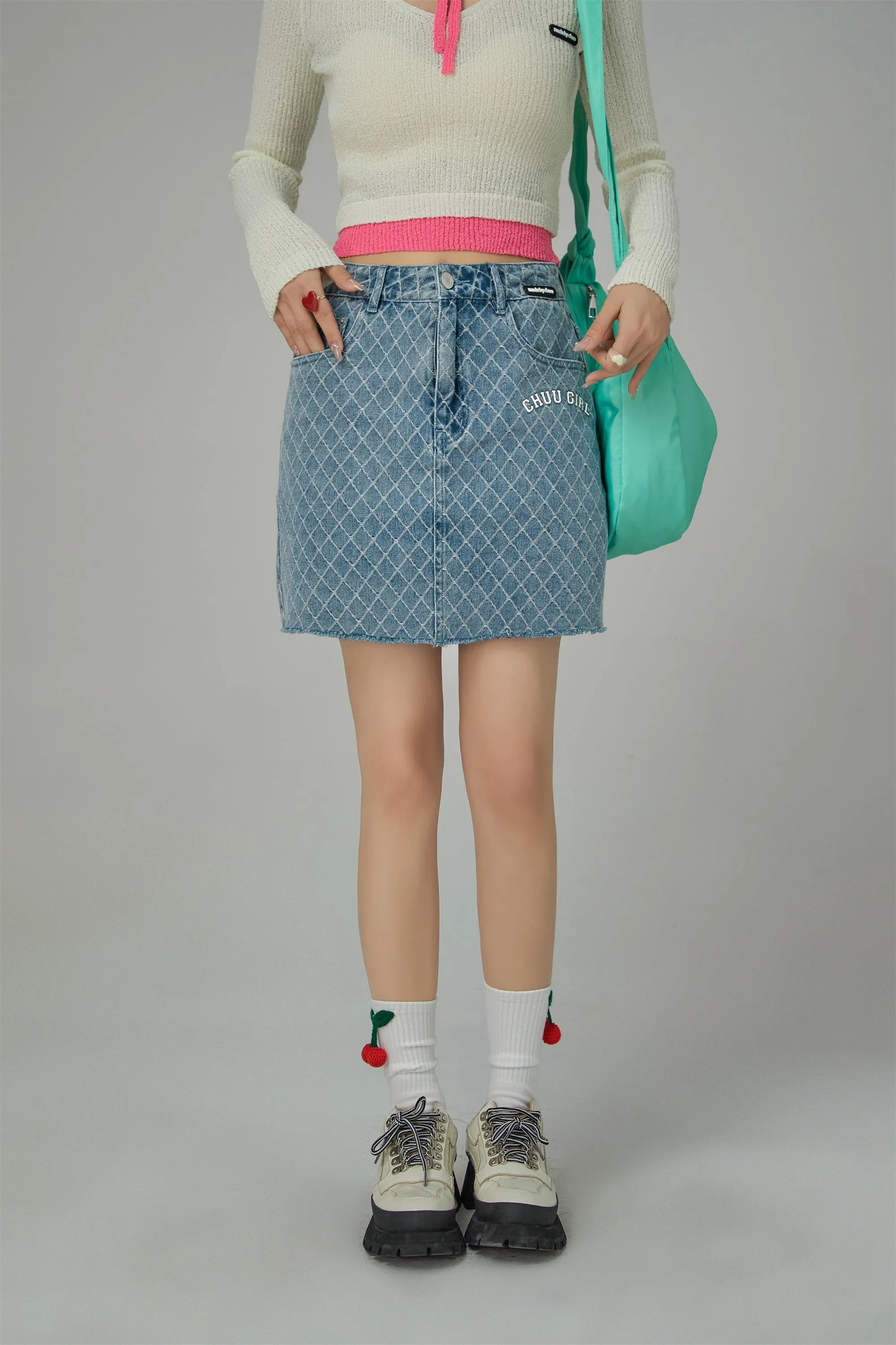 Chuu Girl Diamond Check Denim Skirt