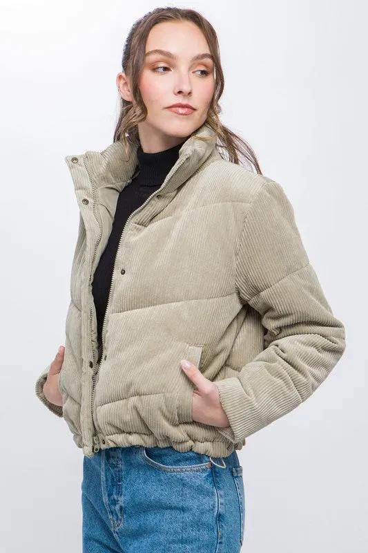 Corduroy Puffer Jacket with Toggle Detail