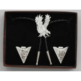 Diamond Cut Silver Eagles Bolo Tie & Collar Tip Set