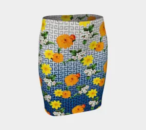 Greek Key Blue Floral  Lattice Fitted Skirt