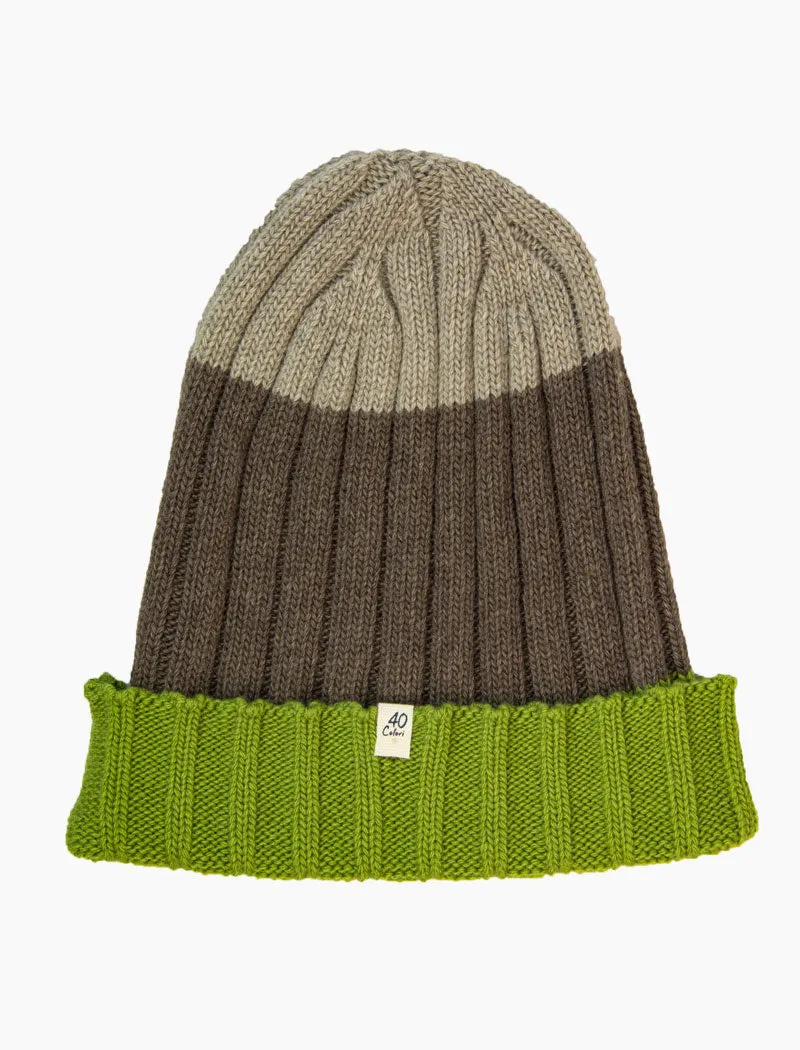 Green & Beige Striped Ribbed Wool & Cashmere Beanie