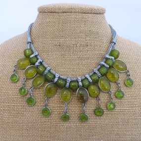 Green Glass & Silver Tone Vintage Collar Necklace