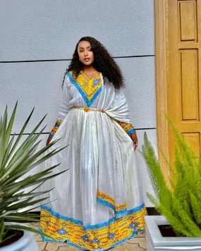 Incredible Light Blue and Yellow Habesha Dress: with Intricate Designing Traditional Ethiopian Dress