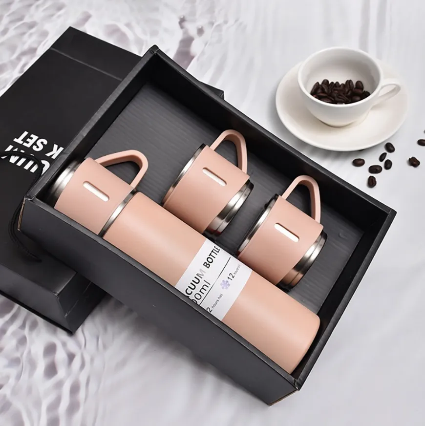 Insulated Double Wall Stainless Steel Tea & Coffee Flask With 3 Cups, Hot & Cold Thermal Bottle (BLACK Color)