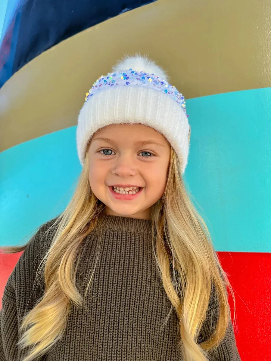 Kids Sequin Faux Fur Pom Beanie