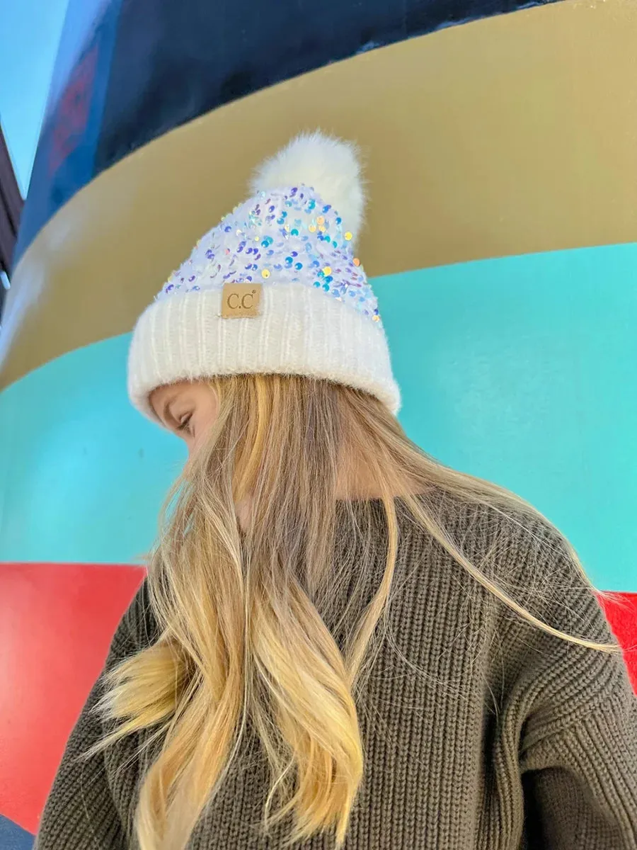 Kids Sequin Faux Fur Pom Beanie