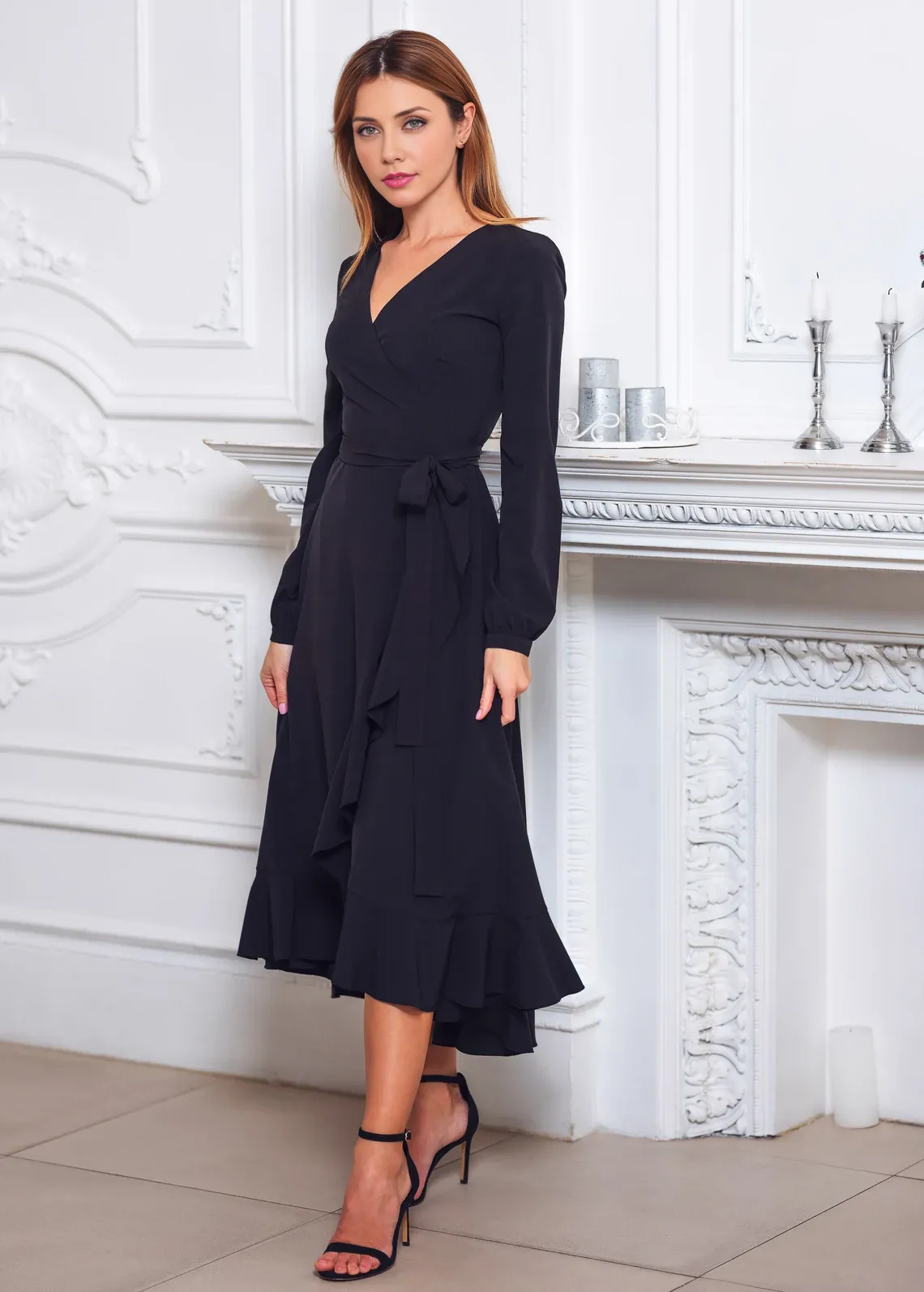 Long Wrap Bridesmaid Dress Cocktail Dress Formal Long Sleeves V-Neck Wedding Guest Dress