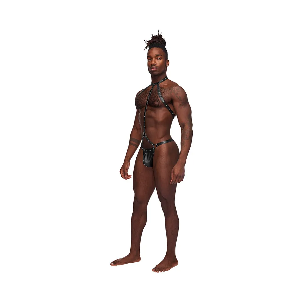 Male Power Fetish Gladiator High-Neck Strappy Body Harness Black L/XL