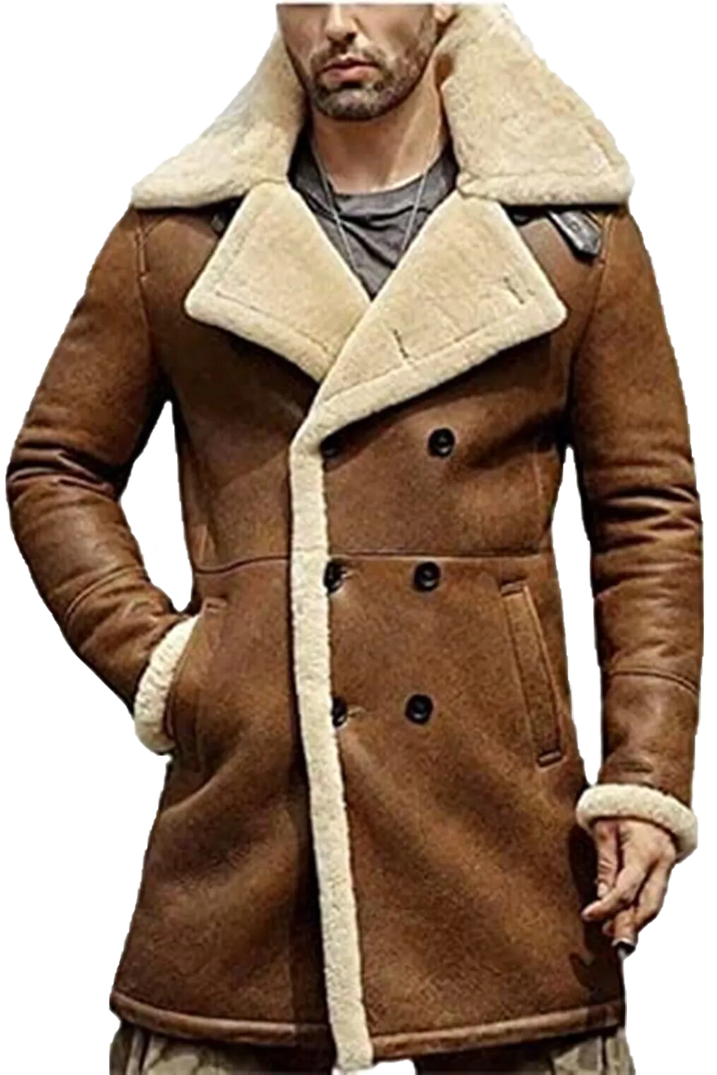 Men's B3 Double Breasted Genuine Leather and Artificial Fur Coat