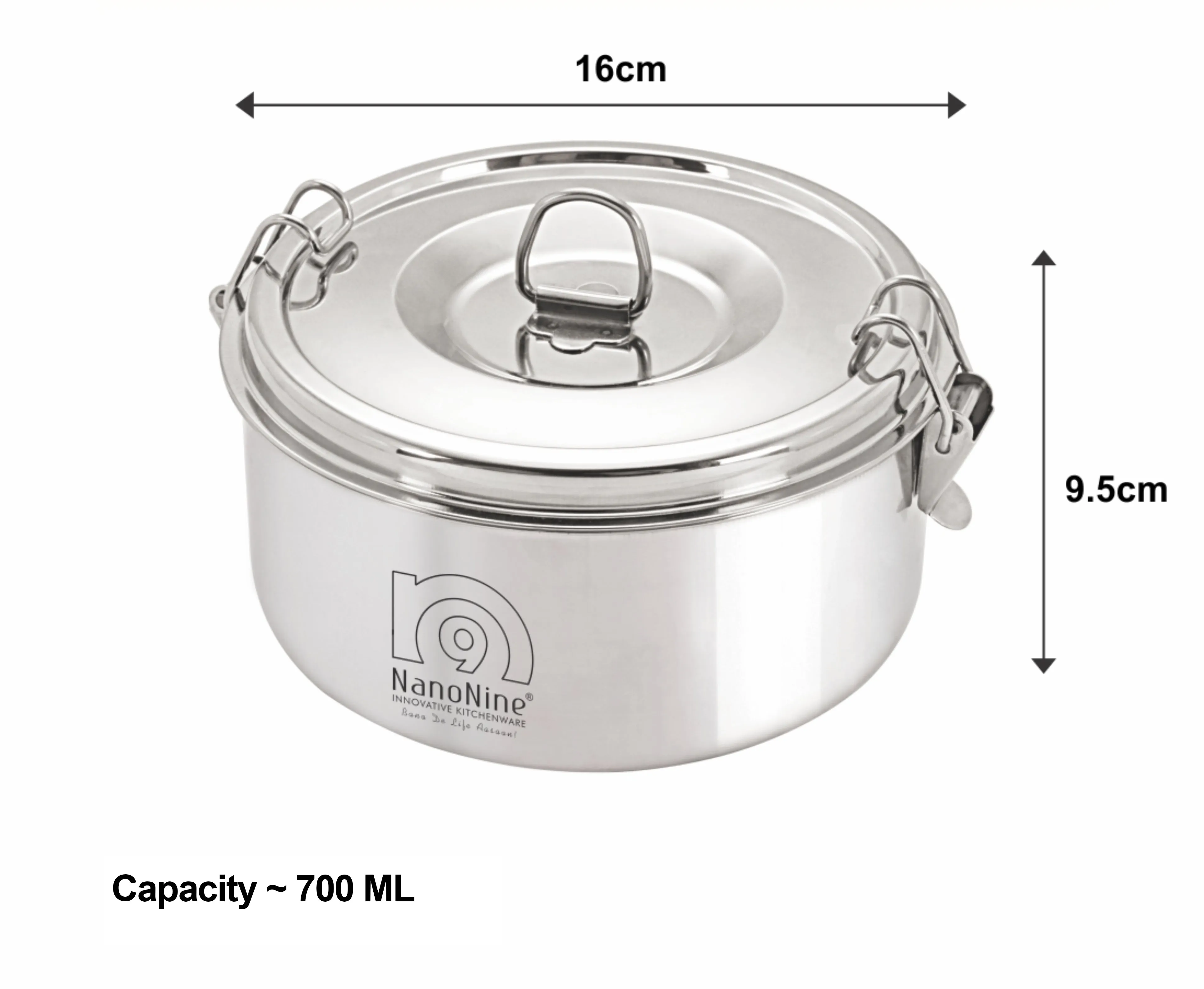 NanoNine Clip-On 700 ml Double Wall Insulated Stainless Steel Lunch Box.