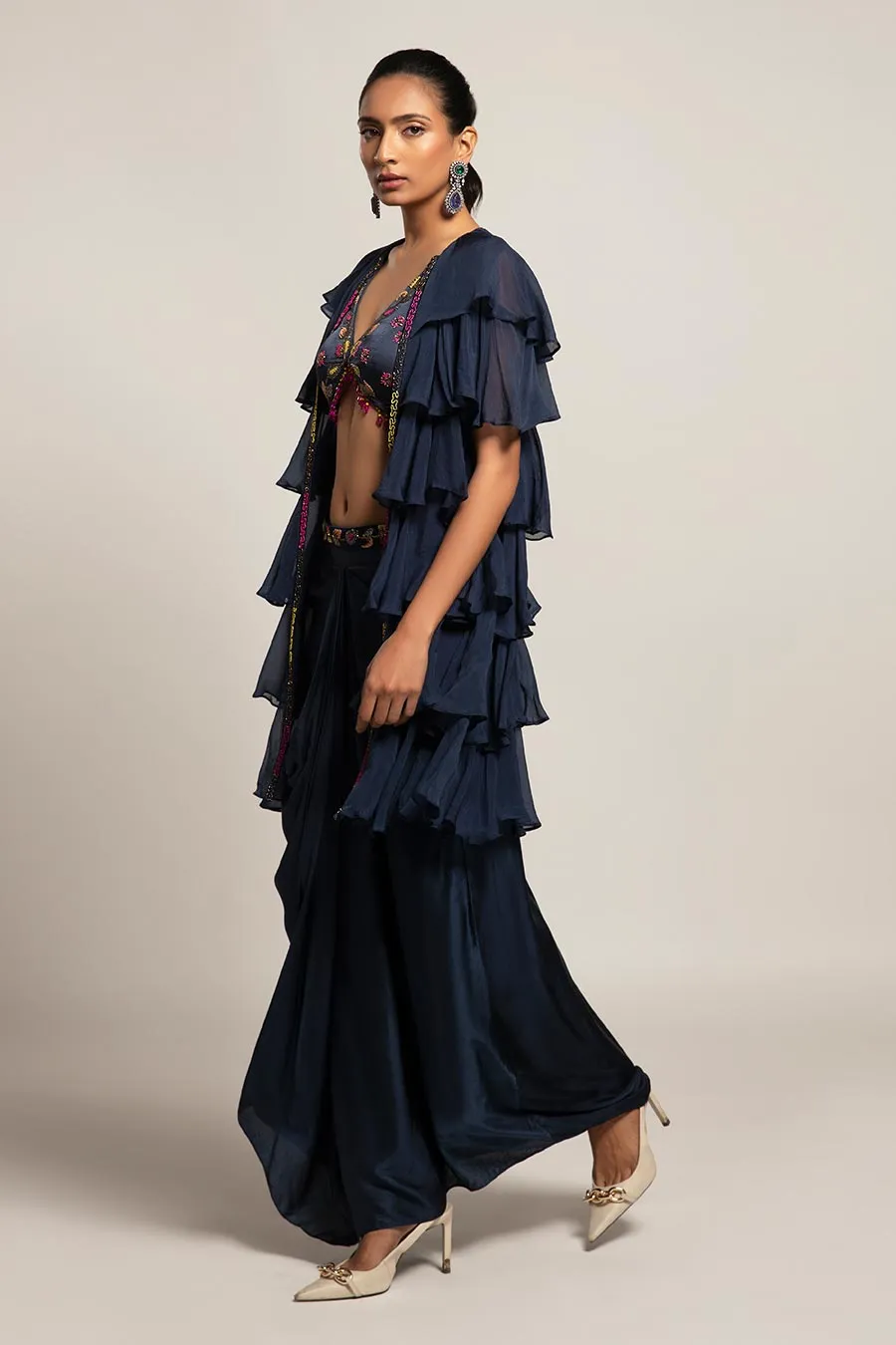 Navy Blue Ravishing Embroidered Blouse & Skirt with Jacket Set