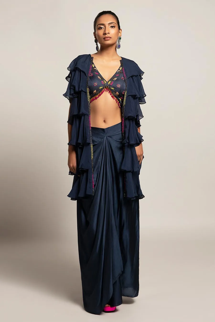 Navy Blue Ravishing Embroidered Blouse & Skirt with Jacket Set