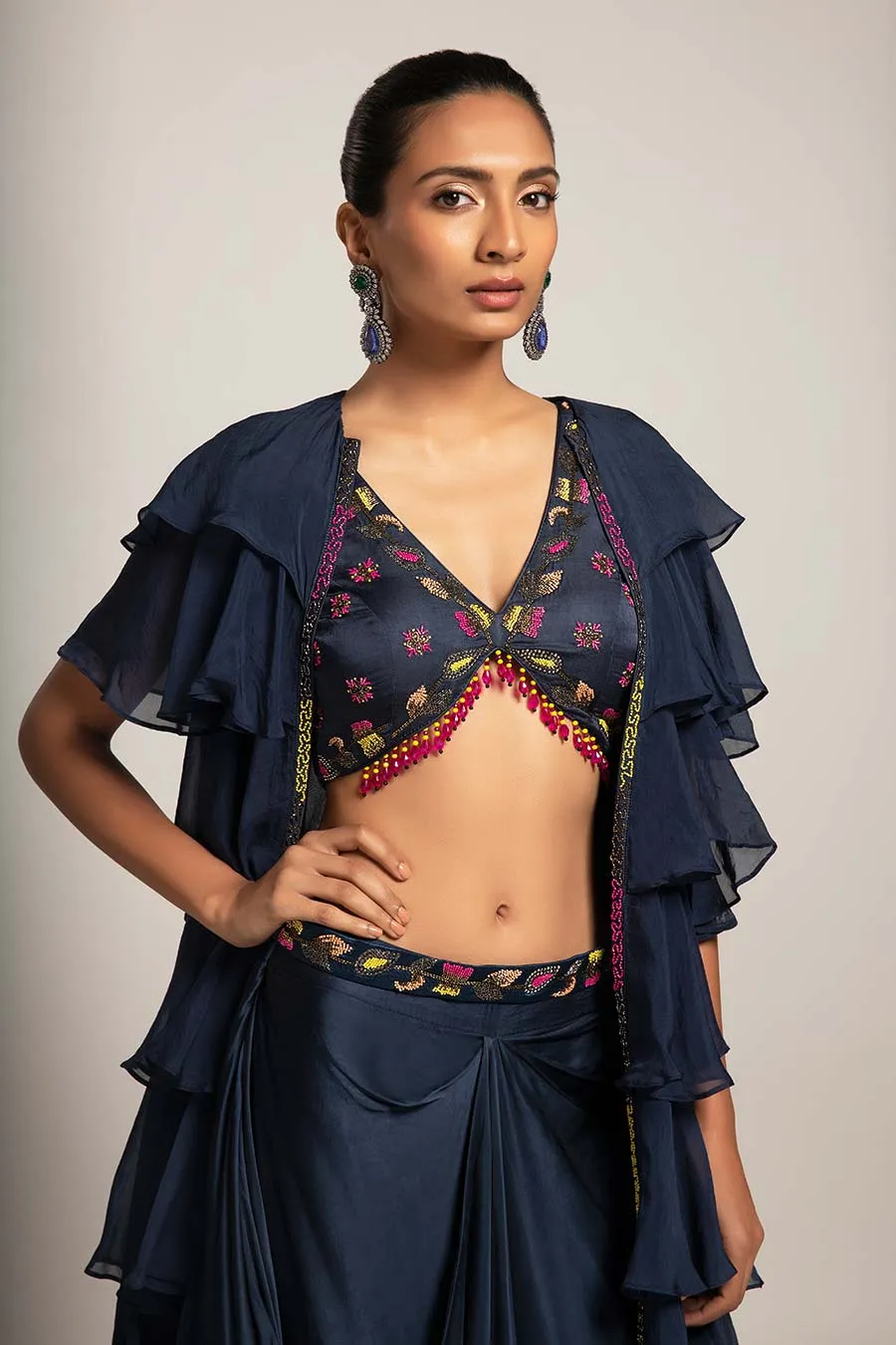 Navy Blue Ravishing Embroidered Blouse & Skirt with Jacket Set