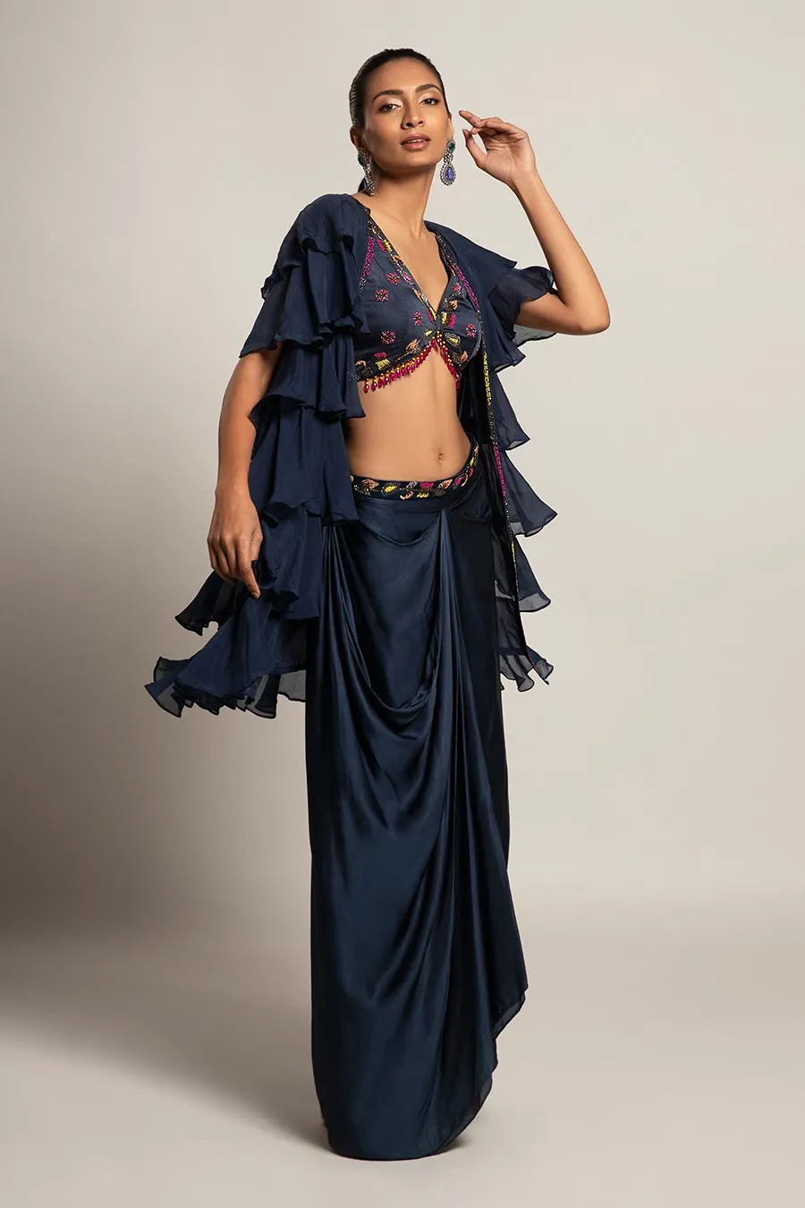 Navy Blue Ravishing Embroidered Blouse & Skirt with Jacket Set