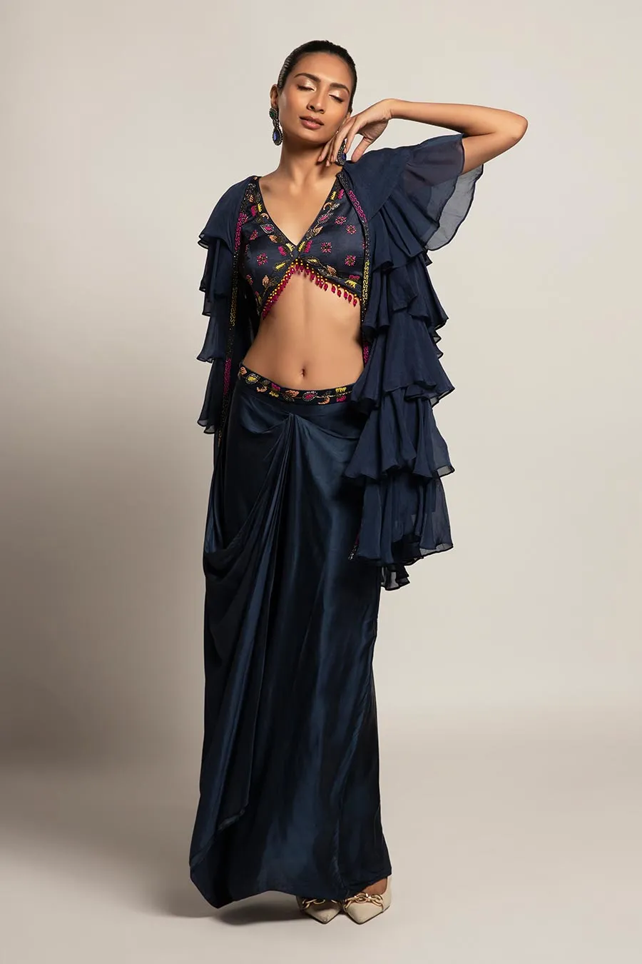 Navy Blue Ravishing Embroidered Blouse & Skirt with Jacket Set