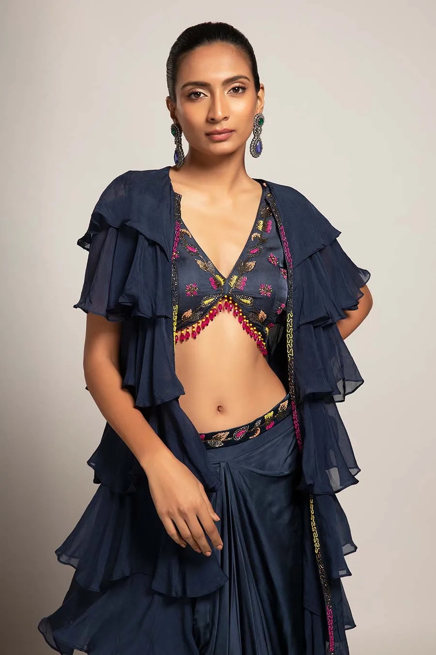 Navy Blue Ravishing Embroidered Blouse & Skirt with Jacket Set